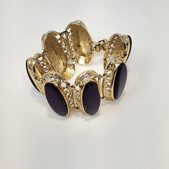 Purple Oval Gold Tone Panel Oversized Cuff Link Bracelet Dramatic Statement - Picture 4 of 6